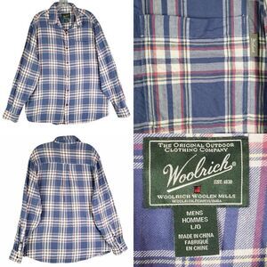 Woolrich Button Up Shirt Flannel Plaid Mens Size Large L Long Sleeve Blue